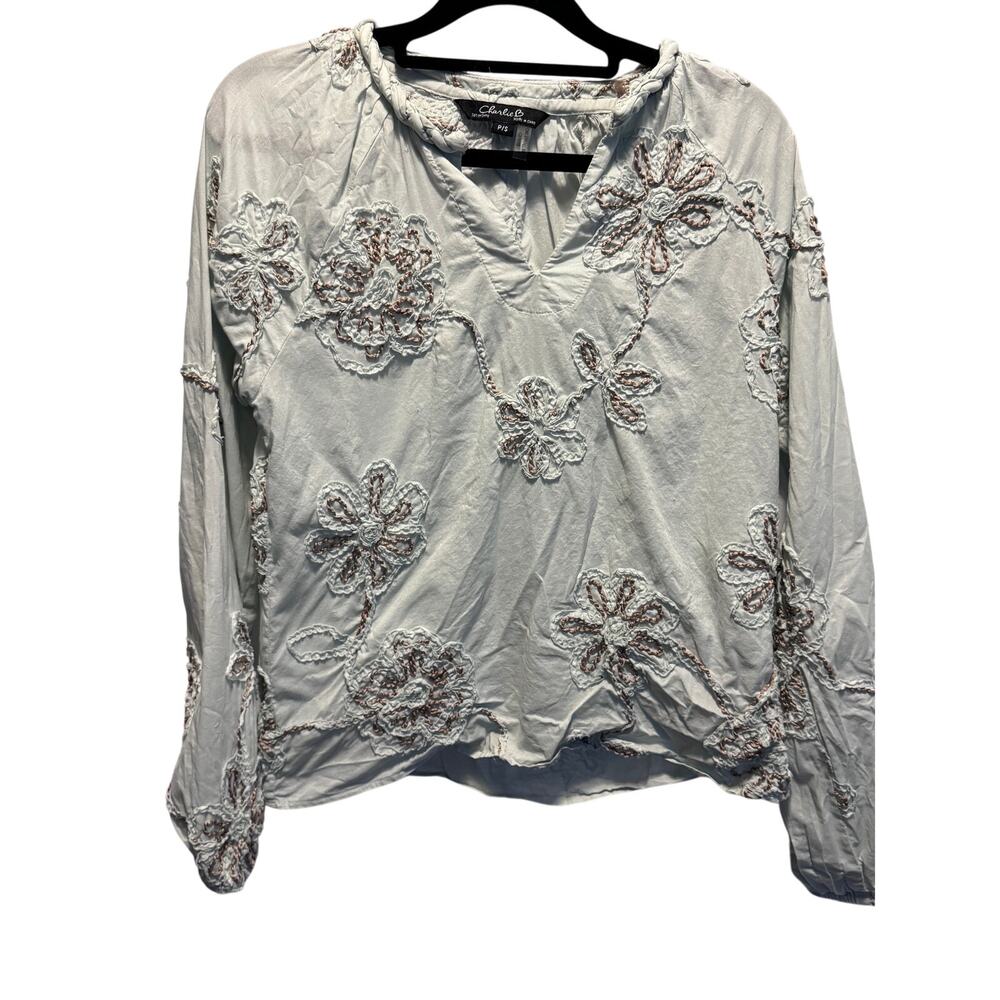 Charlie B Small Blue Floral Embroidered Cotton V-Neck Long Sleeve Blouse Top